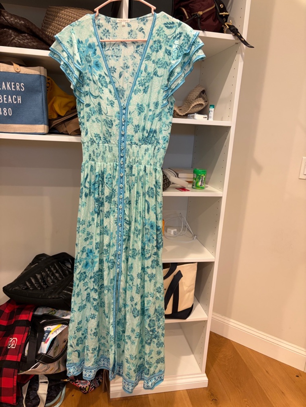 Poupette St. Barth Aqua Floral Button-Front Maxi Dress